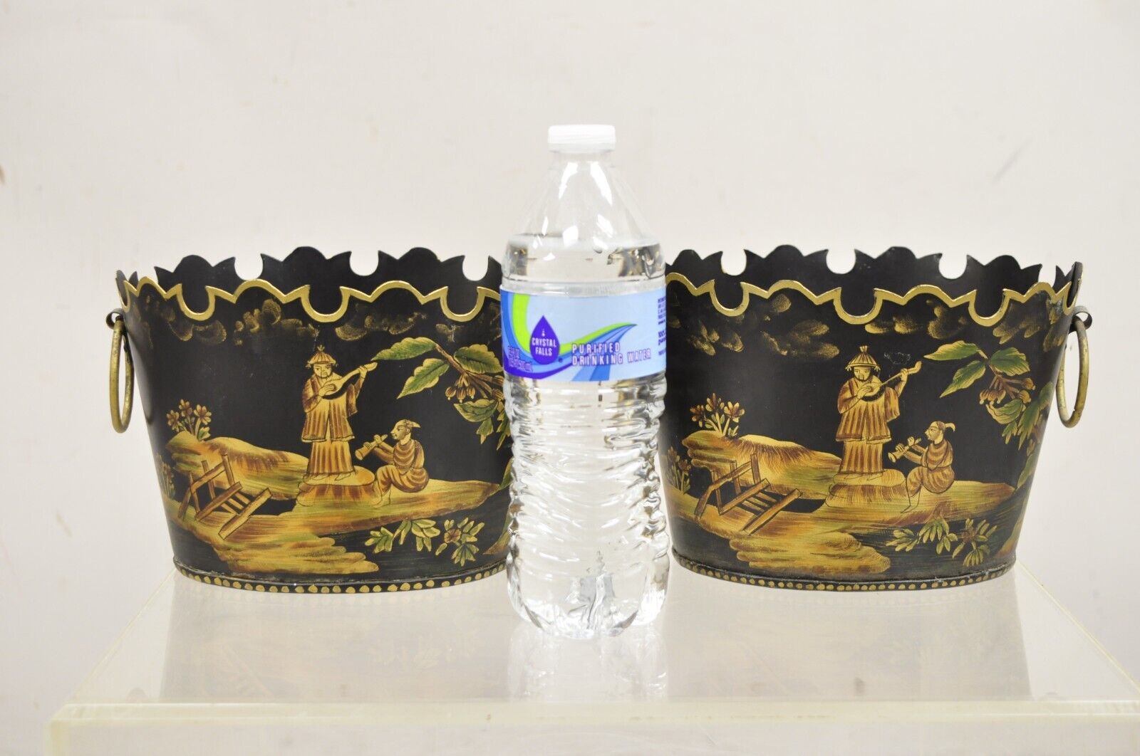Scalloped Italian Hand Painted Toleware Chinoiserie Black Metal Planter - A Pair