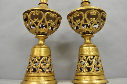 Vintage Italian Hollywood Regency Gold Gilt Iron Metal Fretwork Table Lamps Pair