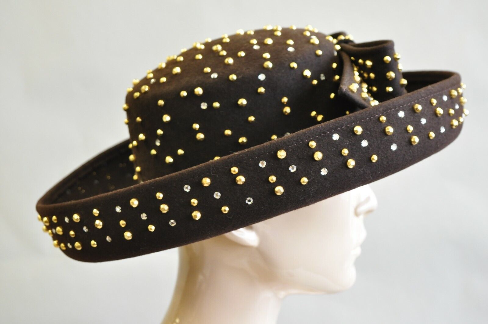 Vintage Jack McConnell Boutique Brown Wool Gold Silver Stud Wide Brim Derby Hat