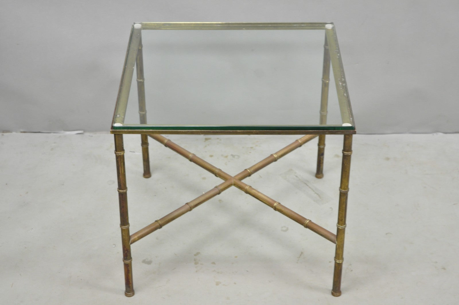 Vintage Hollywood Regency Brass Faux Bamboo Square Glass Top Low Side Table