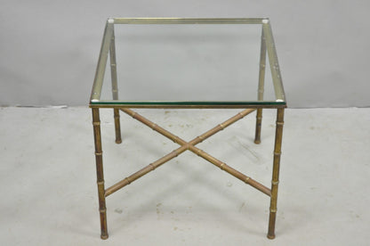 Vintage Hollywood Regency Brass Faux Bamboo Square Glass Top Low Side Table