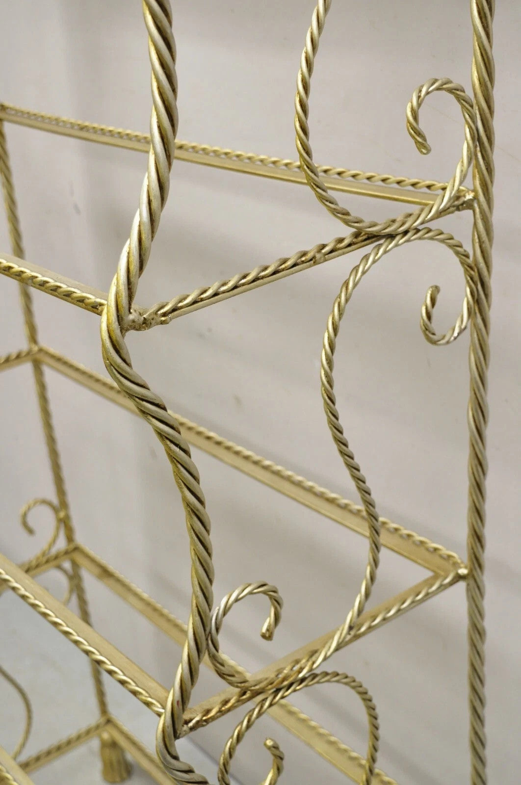 Italian Hollywood Regency Iron Rope Tassel Silver Gold 5 Tier Etagere Bookcase