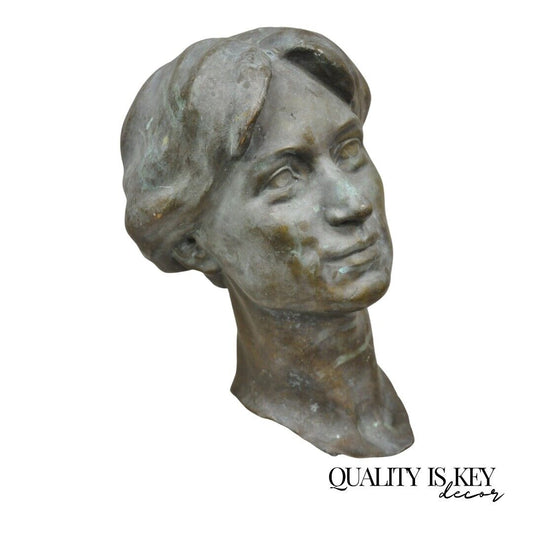 Vintage Patinated Cast Bronze Bust Statue Sculpture of Woman with Pinned Hair
