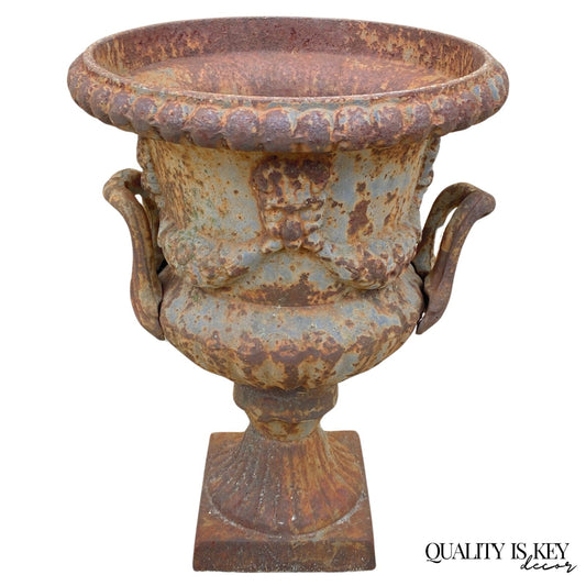 French Classical Style Cast Iron Urn Form 17" Garden Yard Planter Pot w/ Faces