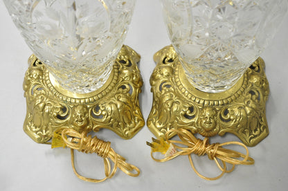 Vintage French Victorian Style Cut Crystal Glass Jardiniere Table Lamps - a Pair