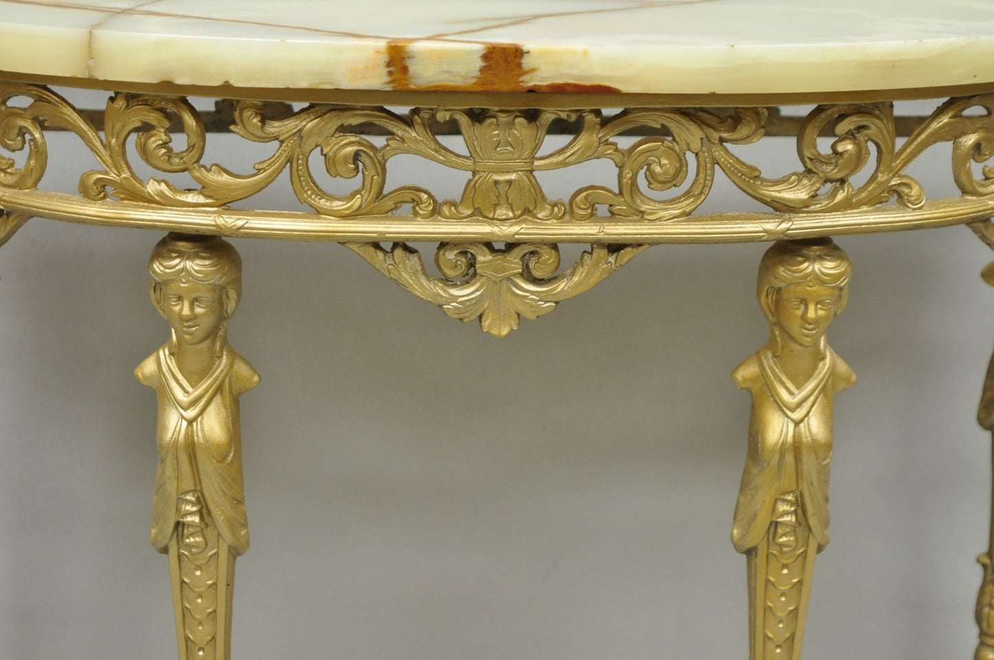 Antique Gothic Revival Oscar Bach Style Figural Bronze & Onyx Gold Console Table