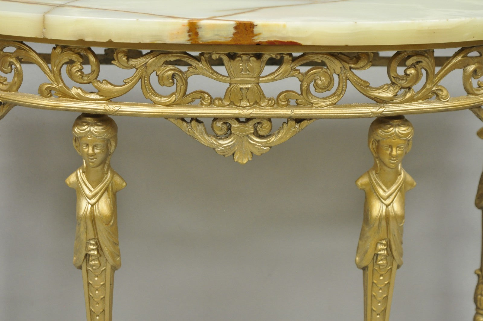 Antique Gothic Revival Oscar Bach Style Figural Bronze & Onyx Gold Console Table