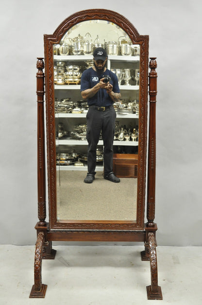 Wellington Carved Mahogany Frame Italian Renaissance Tall Dressing Cheval Mirror
