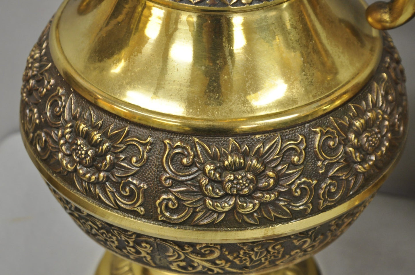 Vintage Brass Chinese Jardinière Elephant Handle Oriental Table Lamps - a Pair
