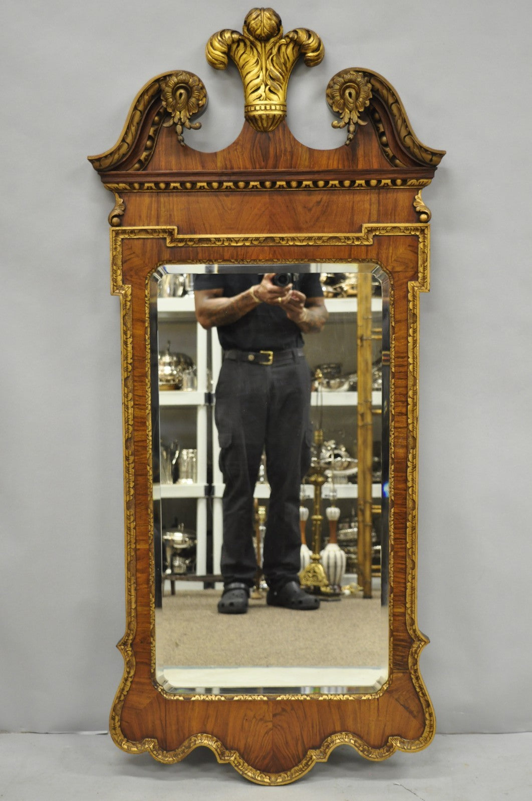 Antique George II Style Walnut Beveled Glass Wall Mirror w/ Plume Pediment