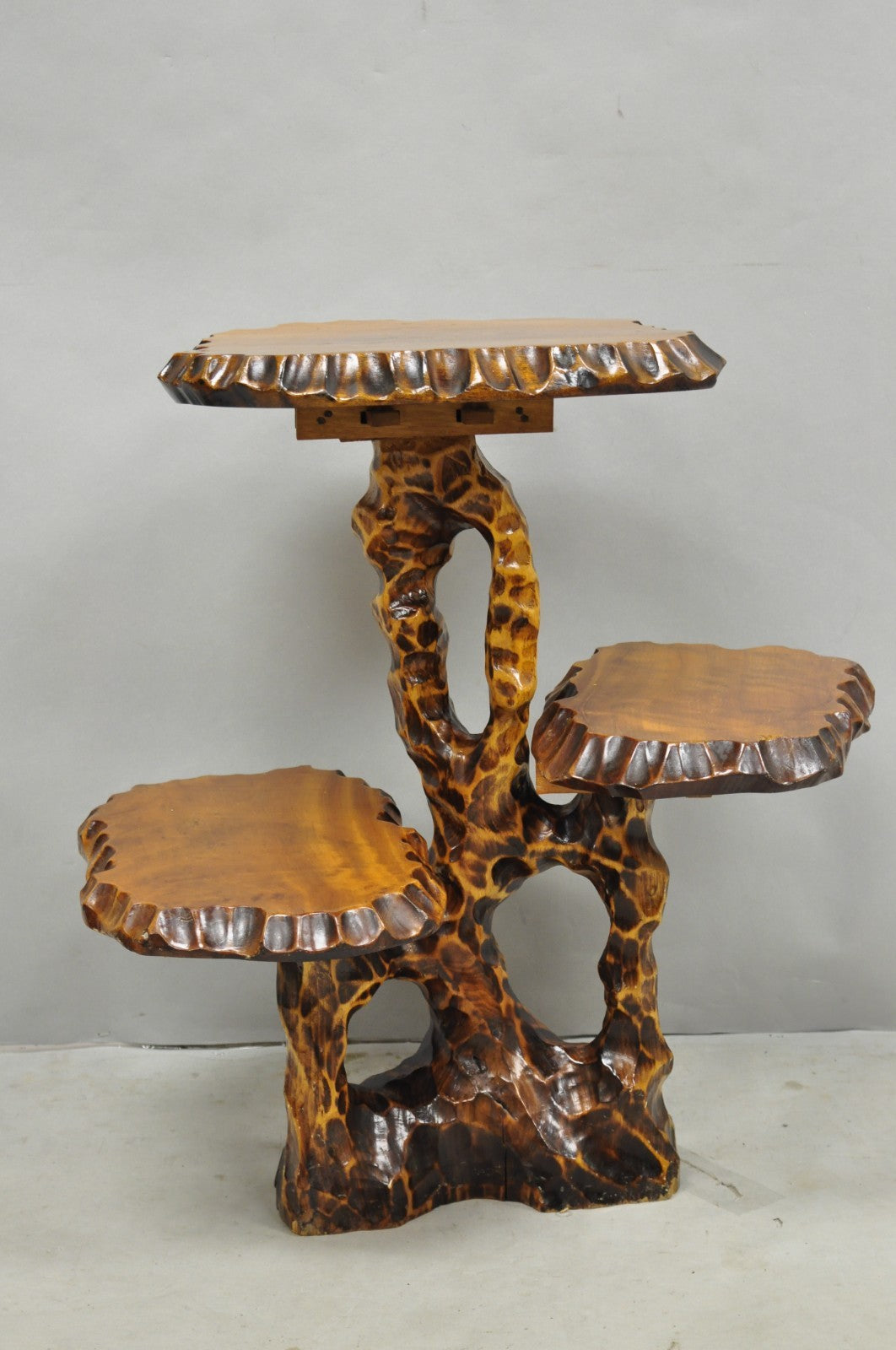 Vintage Mid Century Modern Live Edge 3 Tier Walnut Plant Stand Side Table