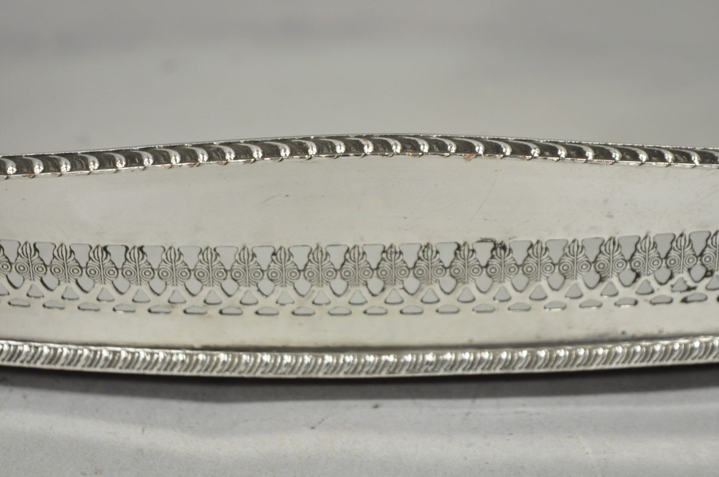 Antique English Edwardian Silver Plated Oval Bar Serving Tray w/ Raised Gallery