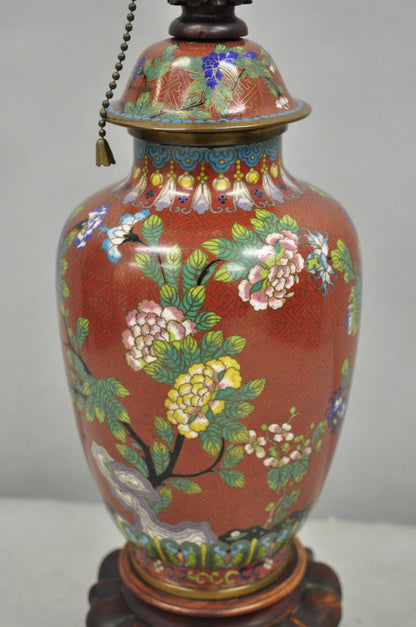 Vintage Chinese Porcelain Enamel Bronze Red Cloisonne Champleve Vase Table Lamp