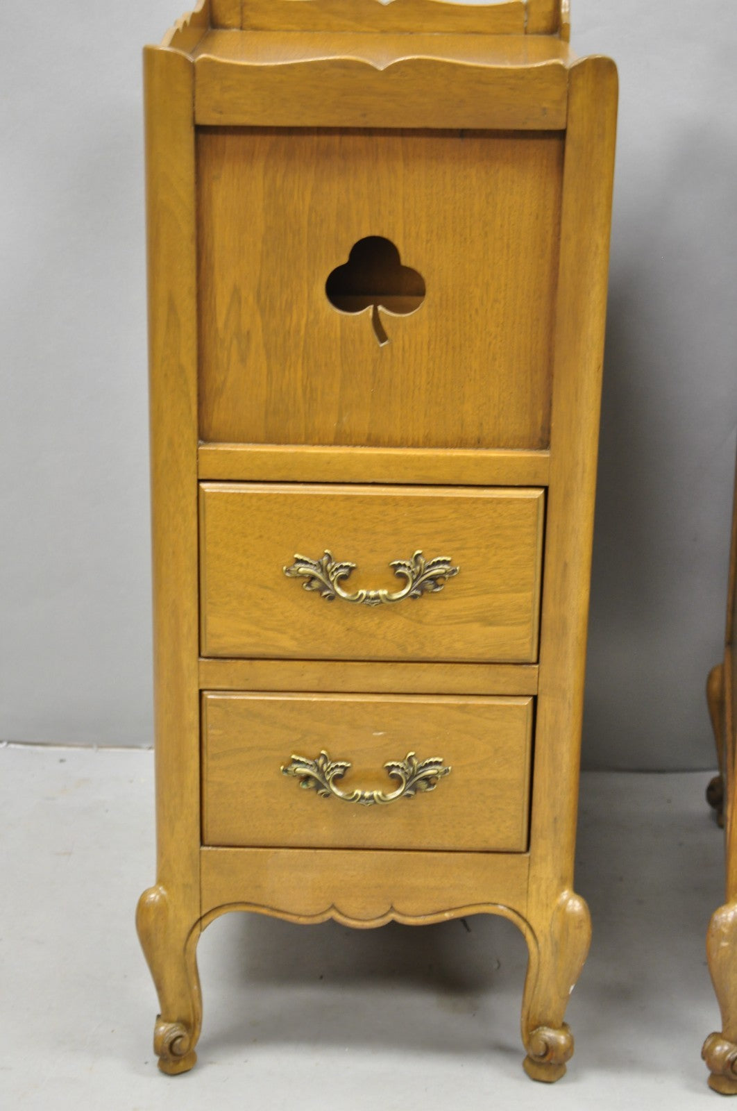 Vintage French Country Provincial Walnut Nightstand Bedside Table w/ Cubby, Pair