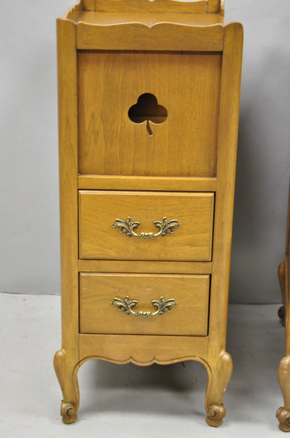 Vintage French Country Provincial Walnut Nightstand Bedside Table w/ Cubby, Pair