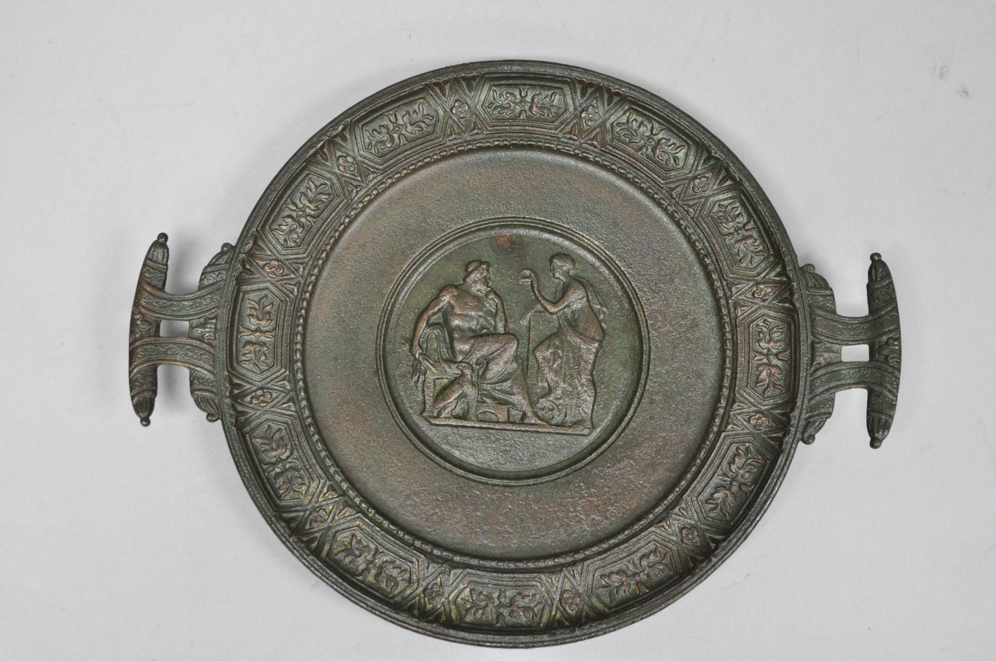 Vintage Roman Classical Style Figural Cast Iron Twin Handle Charger Dish