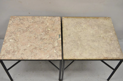 Mid Century Modern Paul McCobb Style Wrought Iron Marble Square Side Table Pair