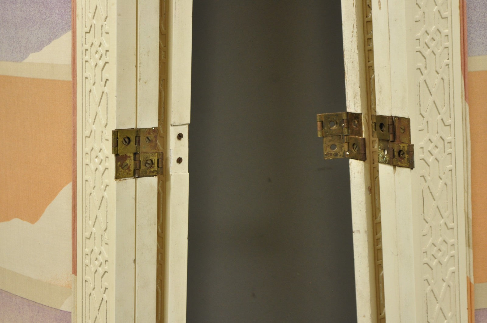 Vintage Oriental Fretwork Bone Lacquer Upholstered 6 Panel Room Divider Screen