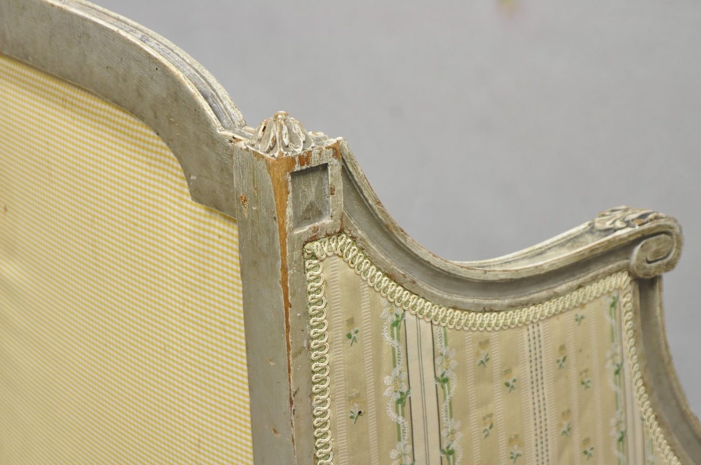 Antique French Louis XVI Style Cream Distress Painted Petite Canape Settee Sofa