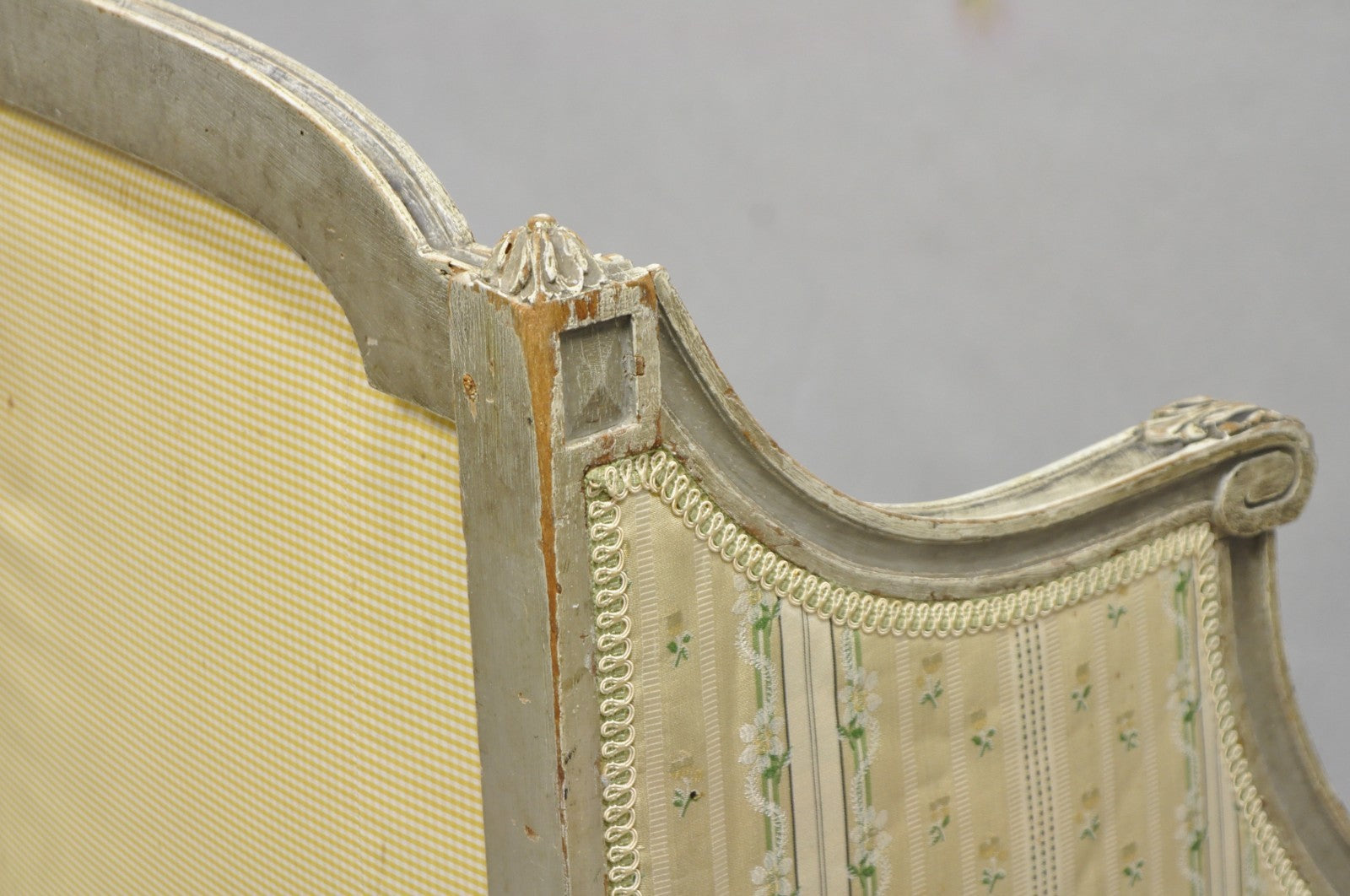 Antique French Louis XVI Style Cream Distress Painted Petite Canape Settee Sofa