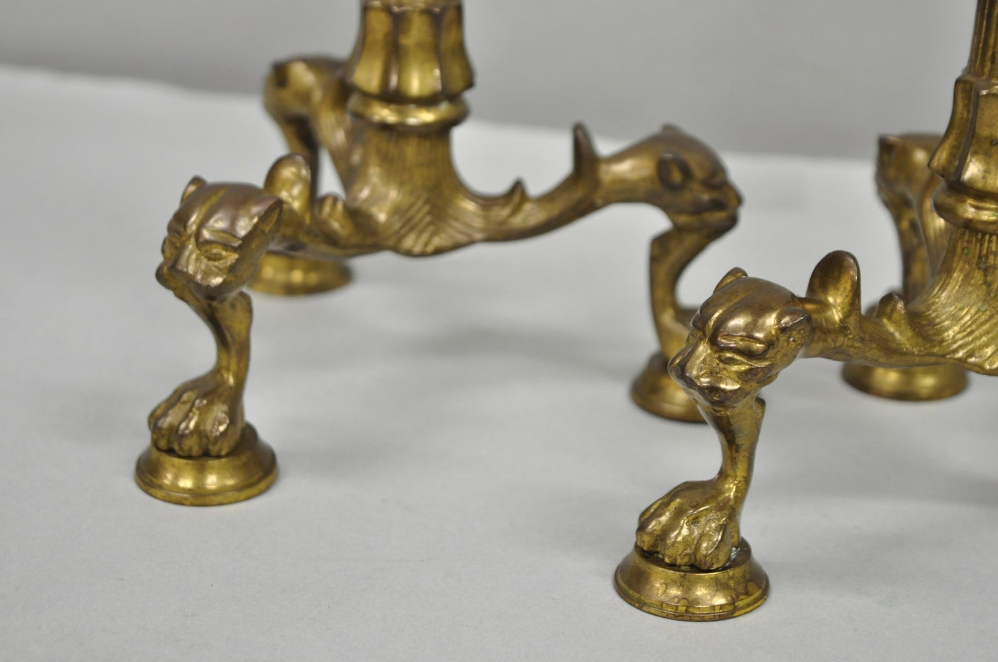 Antique French Renaissance Gothic Figural Brass 16" Candelabra w/ Lions - a Pair