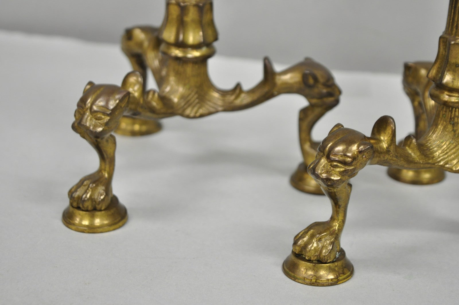 Antique French Renaissance Gothic Figural Brass 16" Candelabra w/ Lions - a Pair