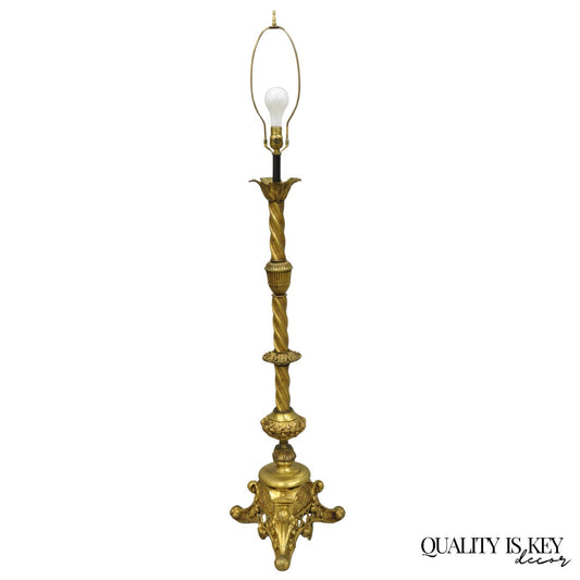 Antique French Renaissance Gothic Brass Metal Gold Candlestick Floor Lamp