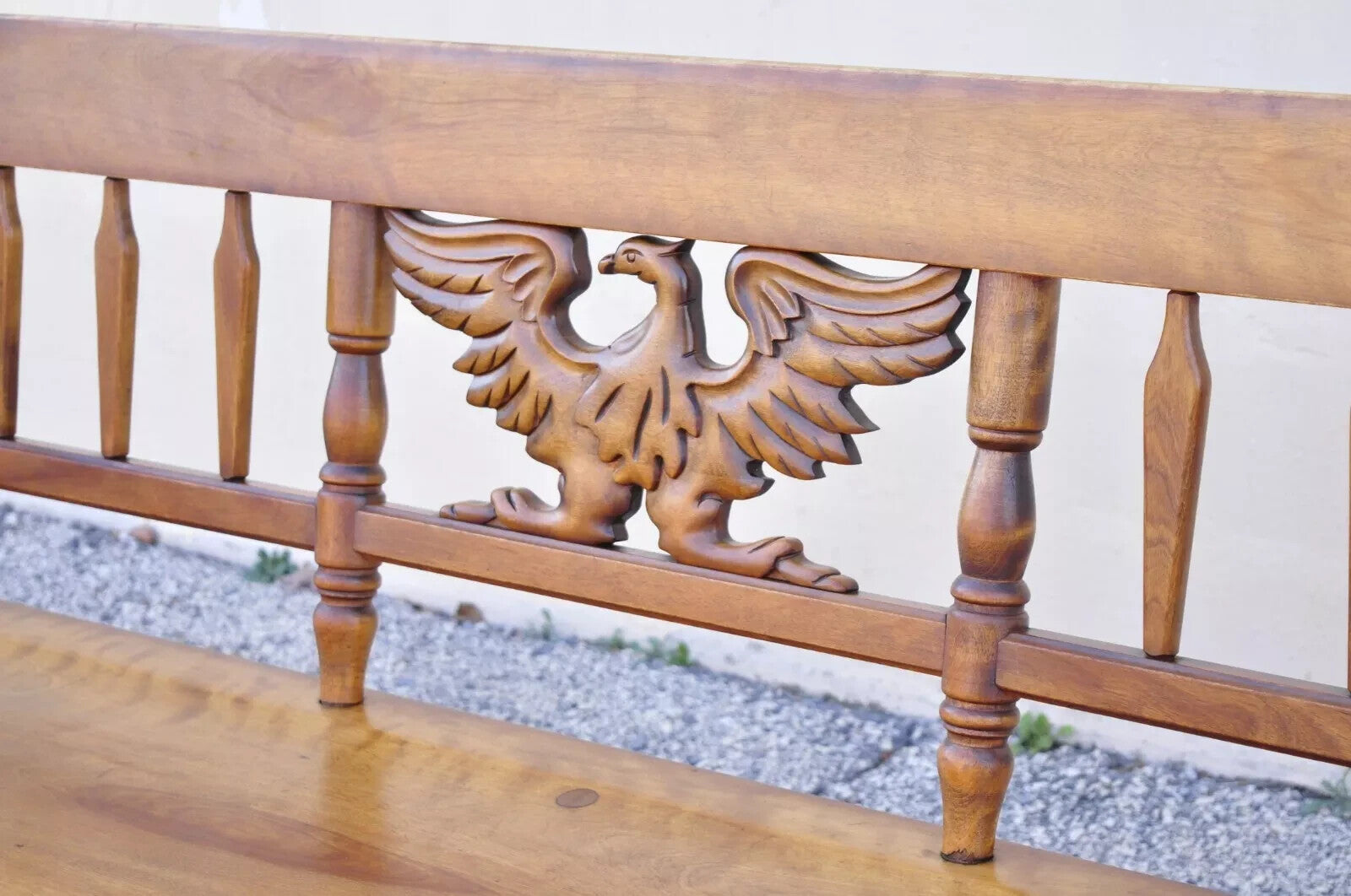 Vintage Cushman Maple Wood Carved Eagle Back Colonial Settee Deacons Bench