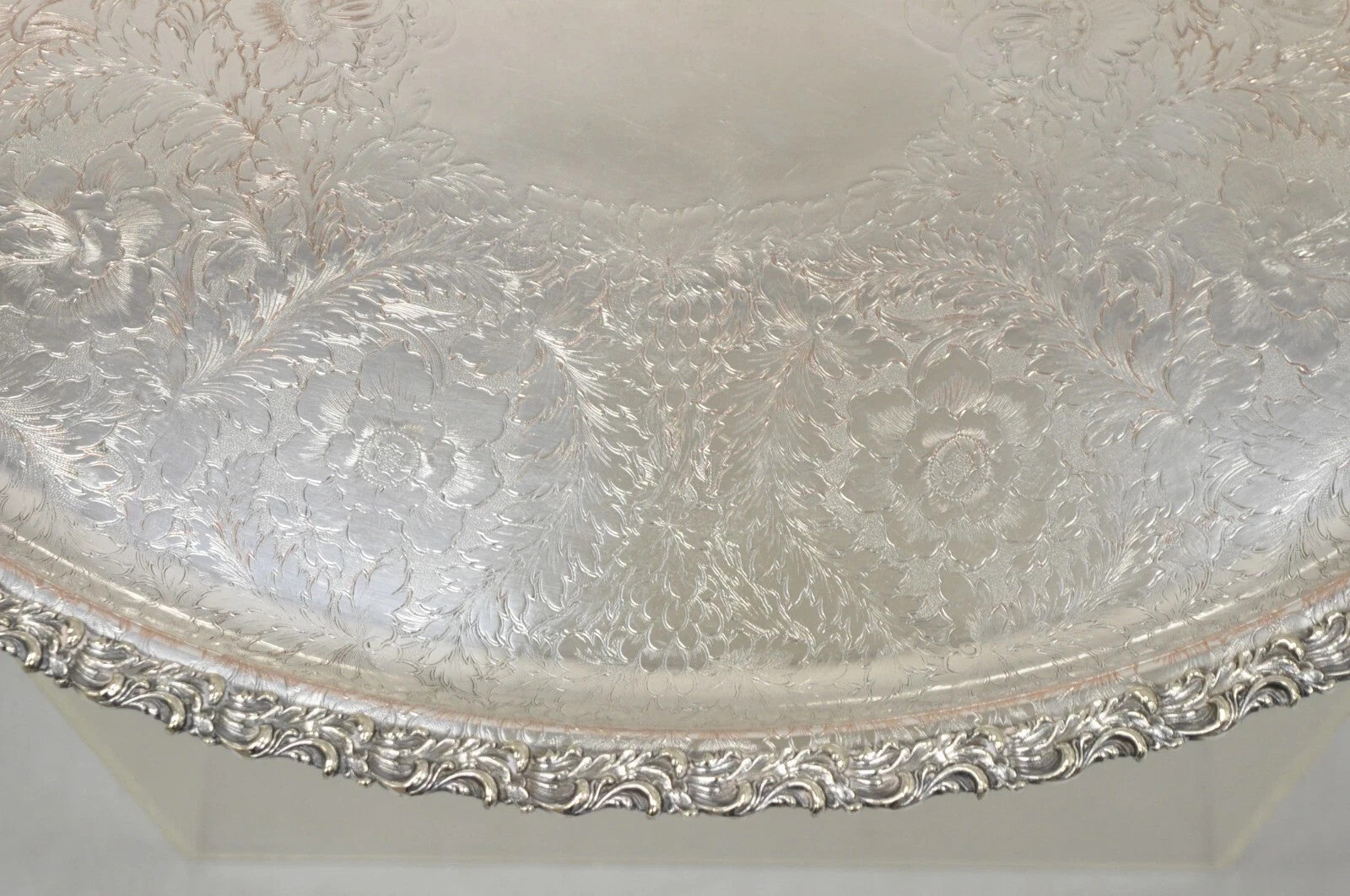 Antique English Victorian Silver Plated Repousse Oval Serving Platter Bar Tray