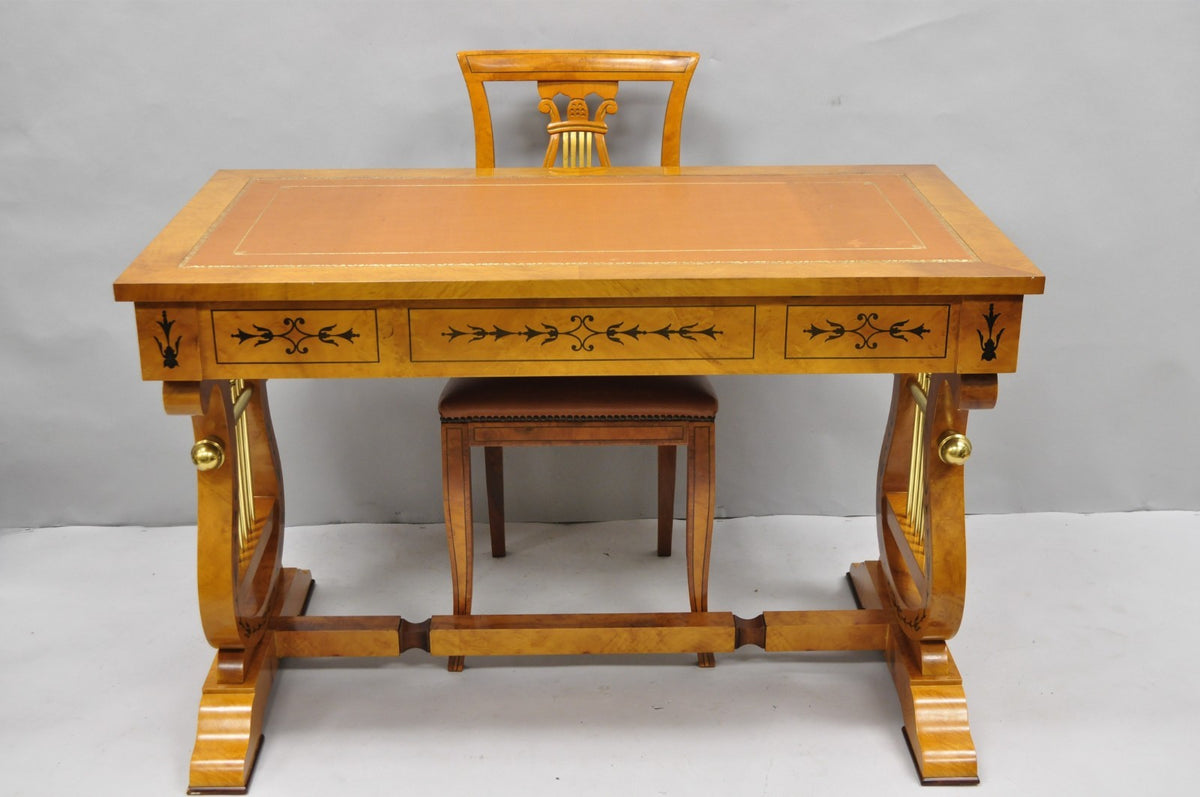 Vintage Italian Regency Lyre Harp Burlwood Desk & Chair by Binda Collection