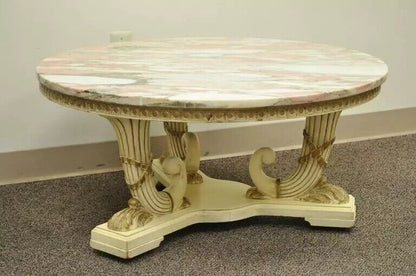 French Empire Neoclassical Cornucopia Base Round Pink Marble Top Coffee Table