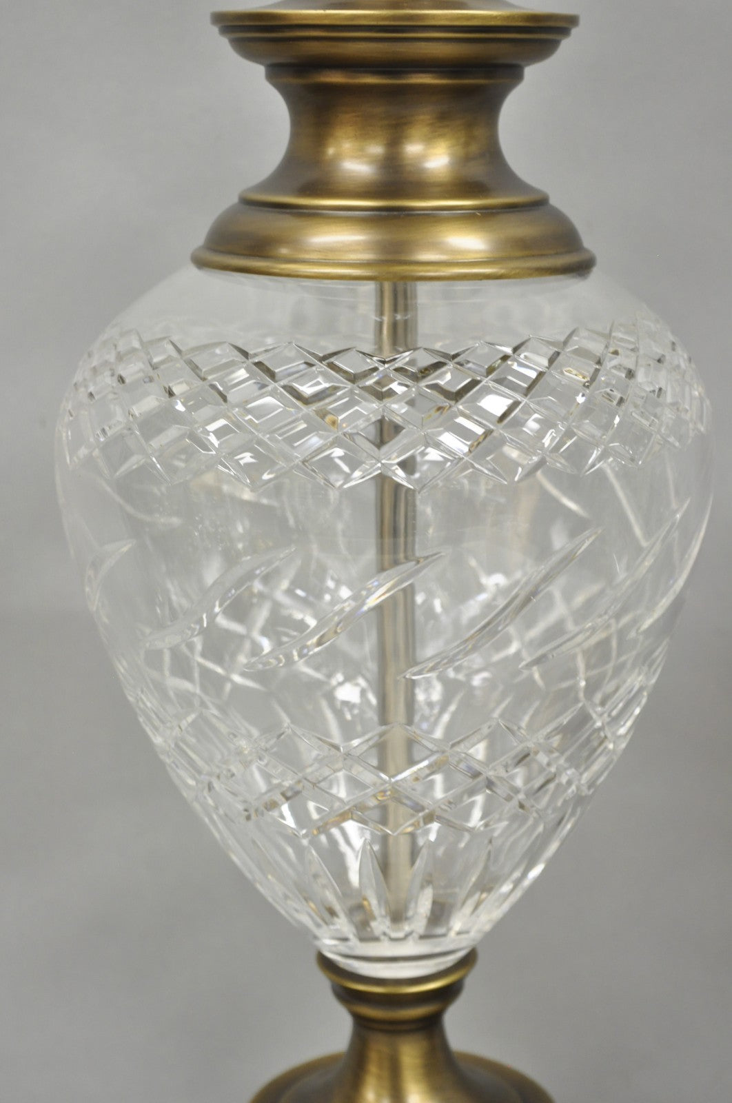 French Empire Cut Crystal Glass Urn & Brushed Brass Table Lamps by Wildwood Pair