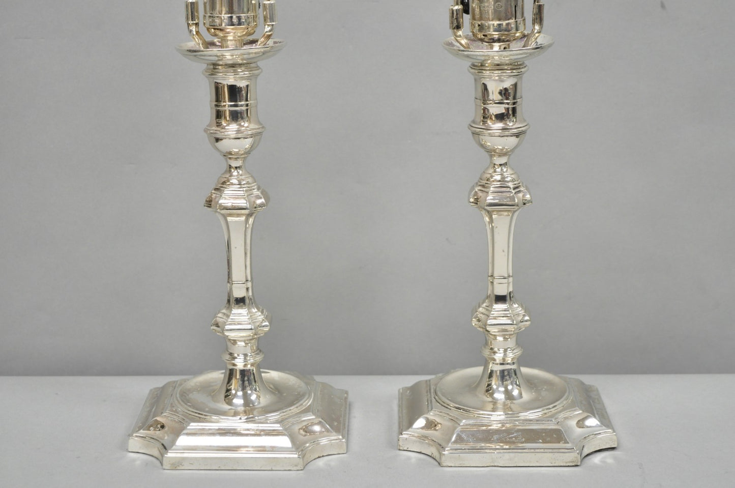 Antique English Regency Silver Plated Footed Candlestick Table Lamps - a Pair