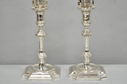 Antique English Regency Silver Plated Footed Candlestick Table Lamps - a Pair