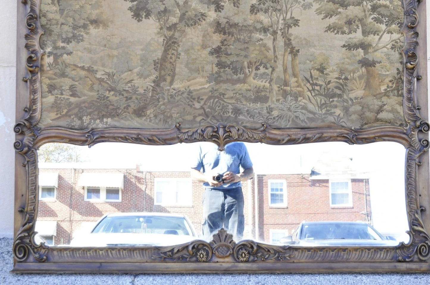 Antique French Tapestry Louis XV Rococo Carved Wood Overmantle Trumeau Mirror