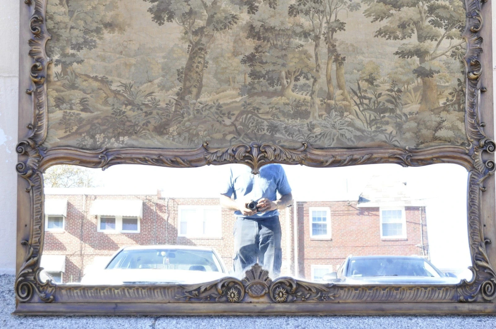 Antique French Tapestry Louis XV Rococo Carved Wood Overmantle Trumeau Mirror