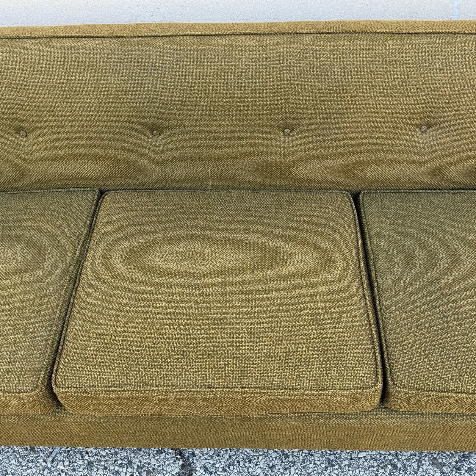 Vintage Mid Century Modern Greenish Brown Tufted 82" Sofa Couch w/ Walnut Legs