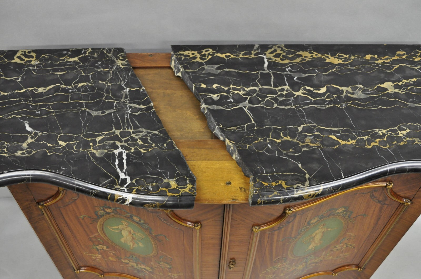 French Louis XV Adam Style Marble Top Kingwood Hand Painted Commode w/ Drawers