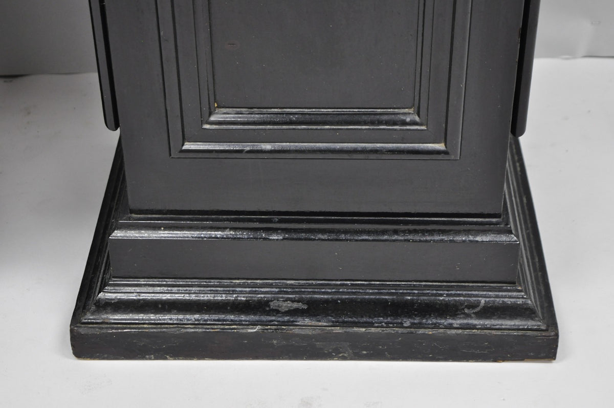 Vintage French Empire Style Black Lacquer Painted Pedestal Column End Table Pair