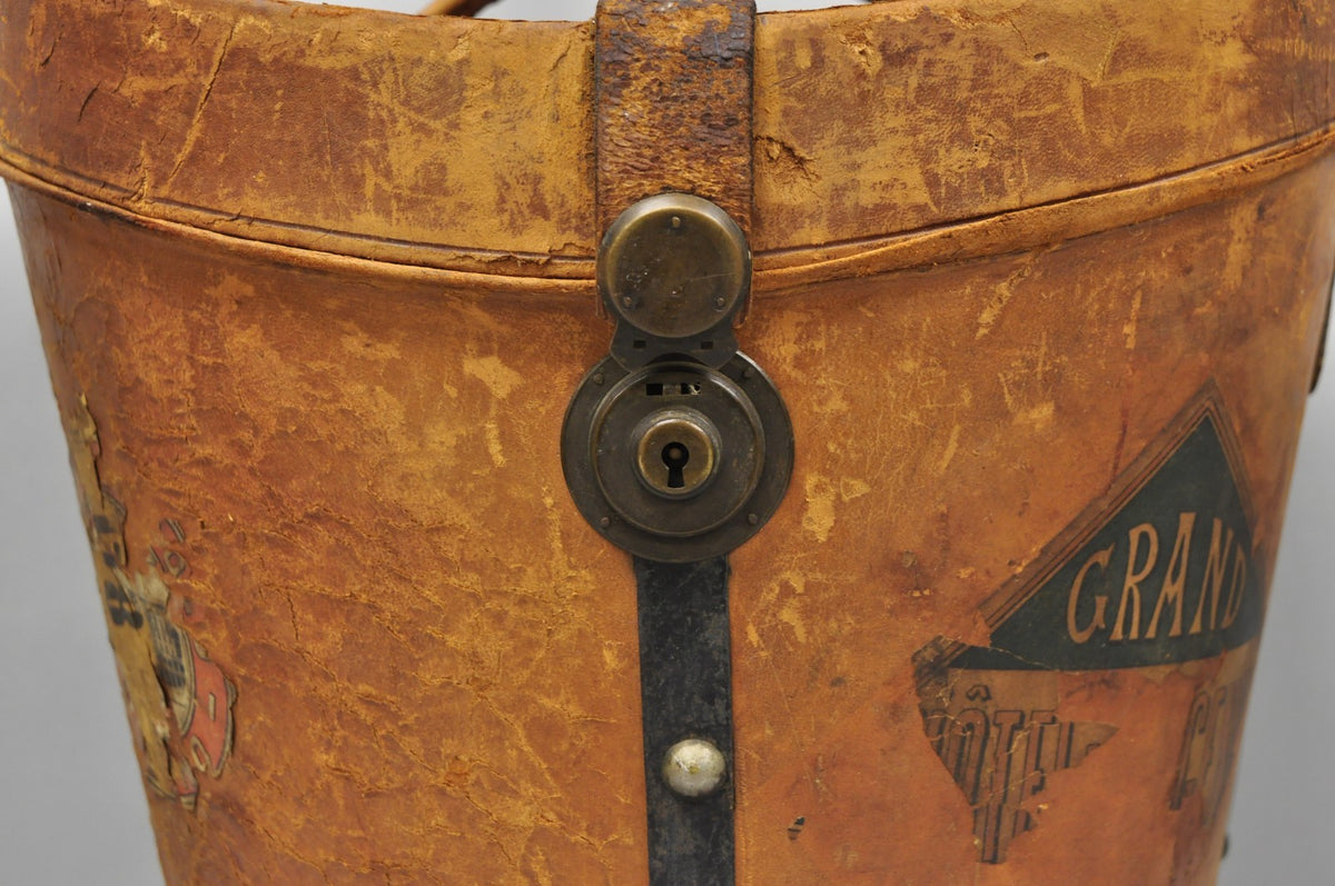 English Art Deco Brown Leather Travel Case Suitcase w/ Stickers & Beaver Top Hat