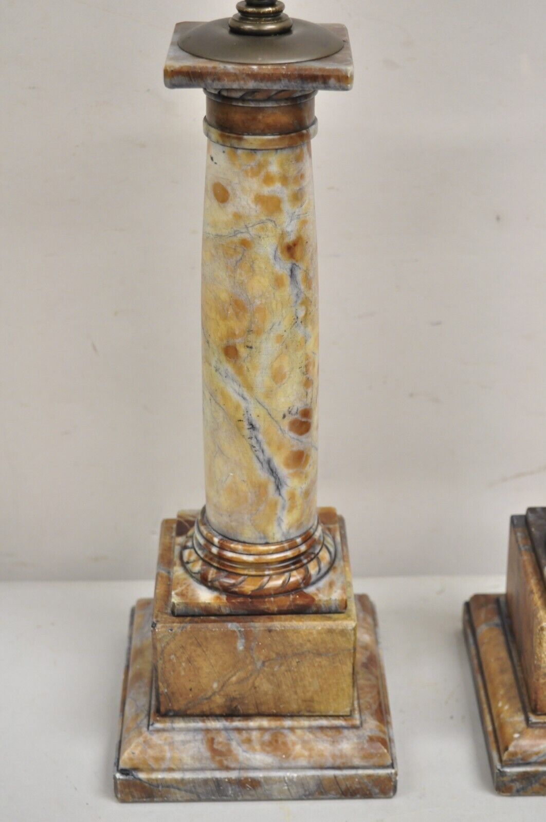 Contemporary Italian Neoclassical Rouge Marble Column Empire Table Lamps - Pair