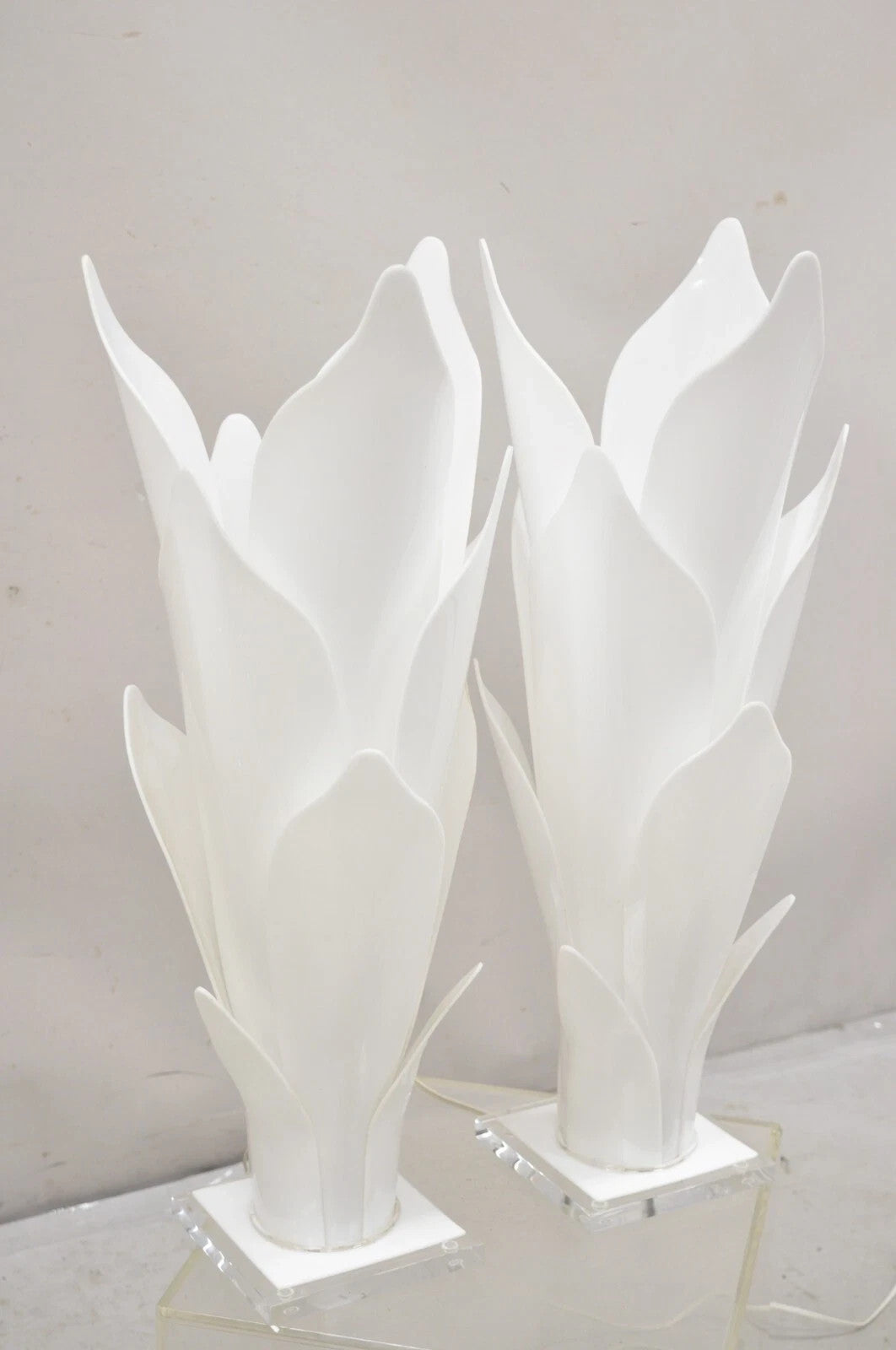 Rougier White Acrylic Lucite Tulip Flower Leaf Mid Century Table Lamps - a Pair