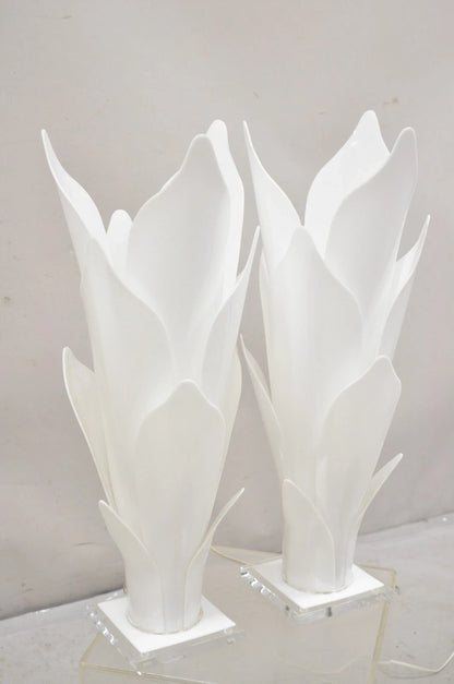 Rougier White Acrylic Lucite Tulip Flower Leaf Mid Century Table Lamps - a Pair