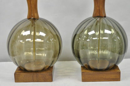 Vintage Mid Century Modern Ribbed Smoked Glass Orb Pineapple Table Lamps - Pair