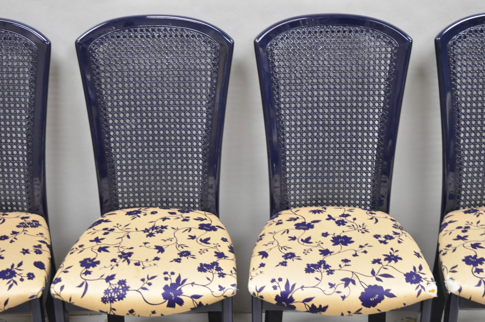 Vintage Italian Hollywood Regency Navy Blue Lacquer Cane Dining Chair - Set of 4
