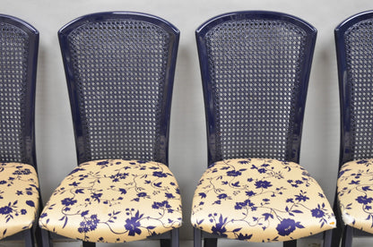 Vintage Italian Hollywood Regency Navy Blue Lacquer Cane Dining Chair - Set of 4