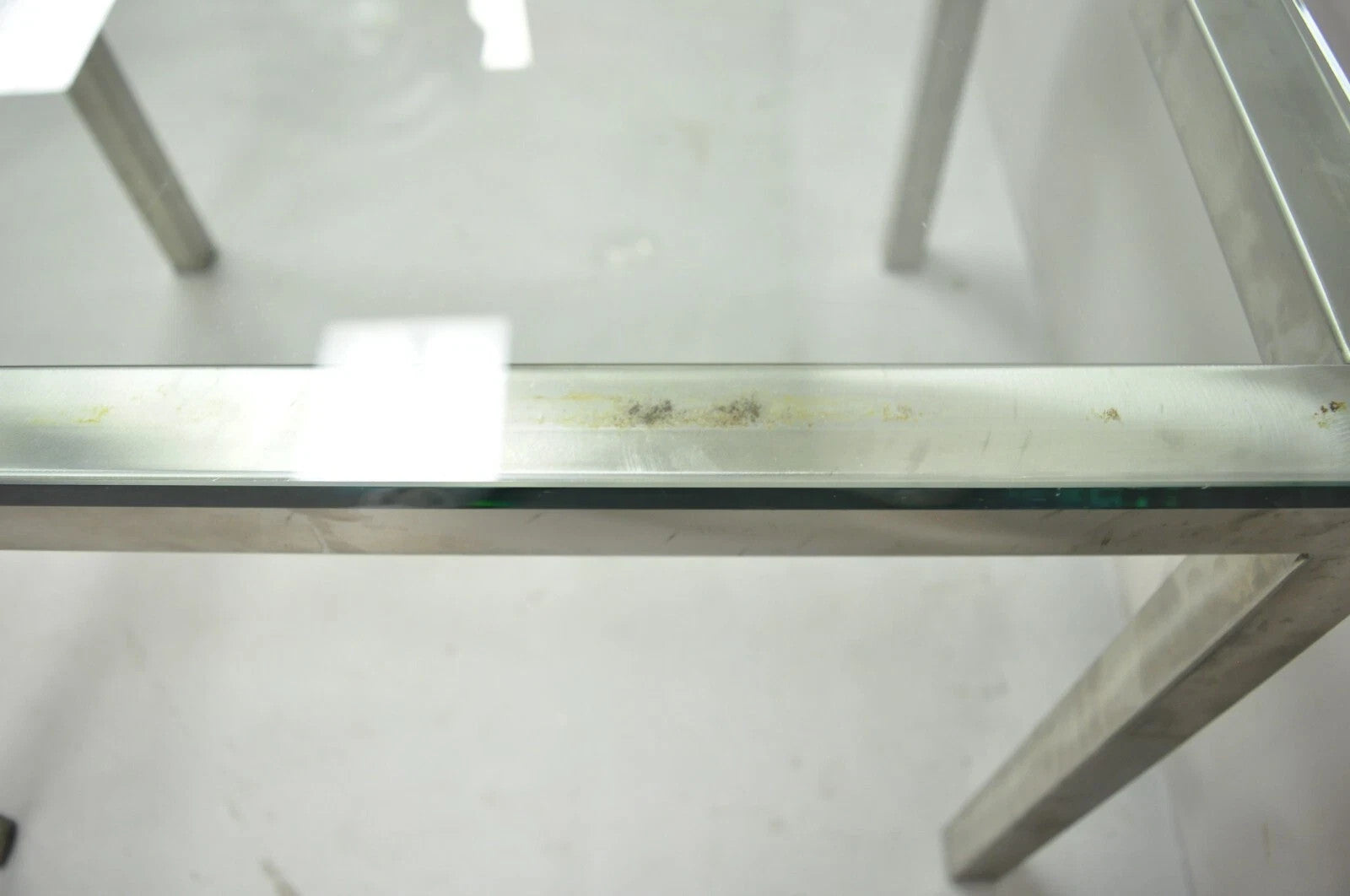 Mid Century Modern Brushed Metal Glass Top Milo Baughman Style Side Table