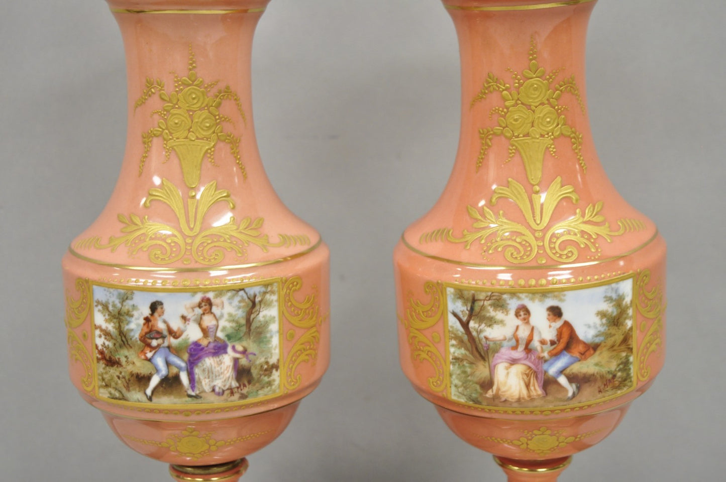 Antique French Victorian Paris Porcelain Coral Figural Painted Table Lamps, Pair