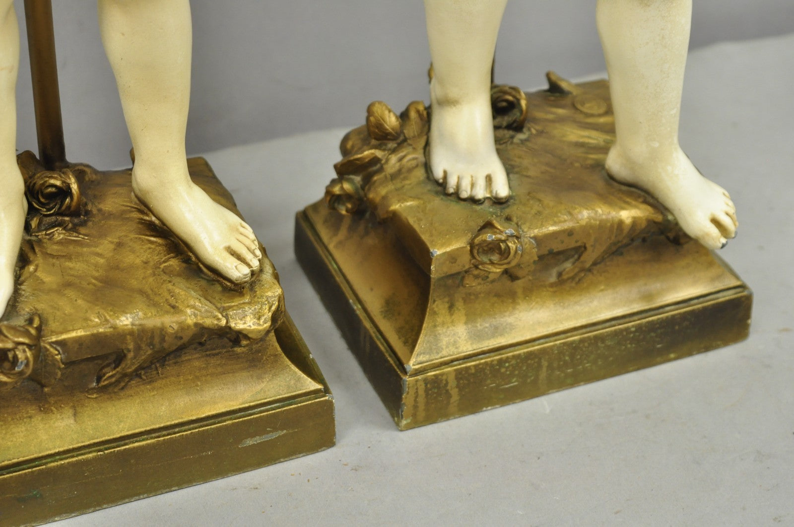 Antique French Moreau Figural Full Cherub Painted Metal Table Lamps - a Pair