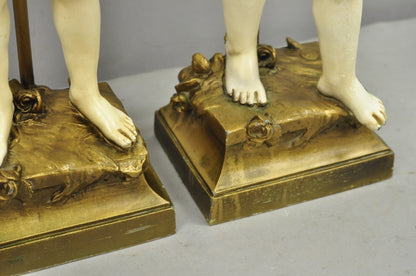 Antique French Moreau Figural Full Cherub Painted Metal Table Lamps - a Pair